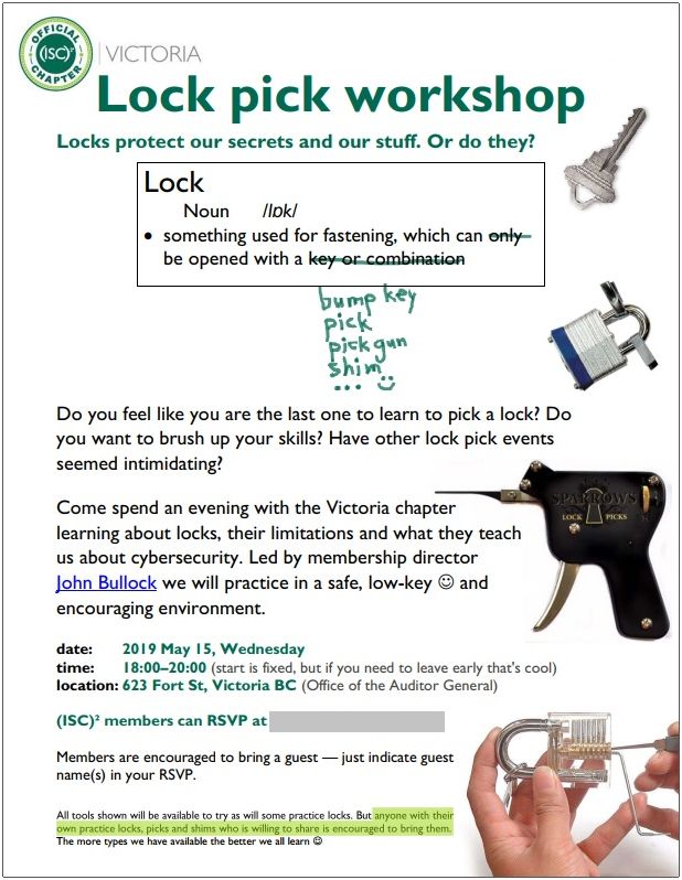 2019-05-15 John Bullock (ISC)² lock pick workshop poster